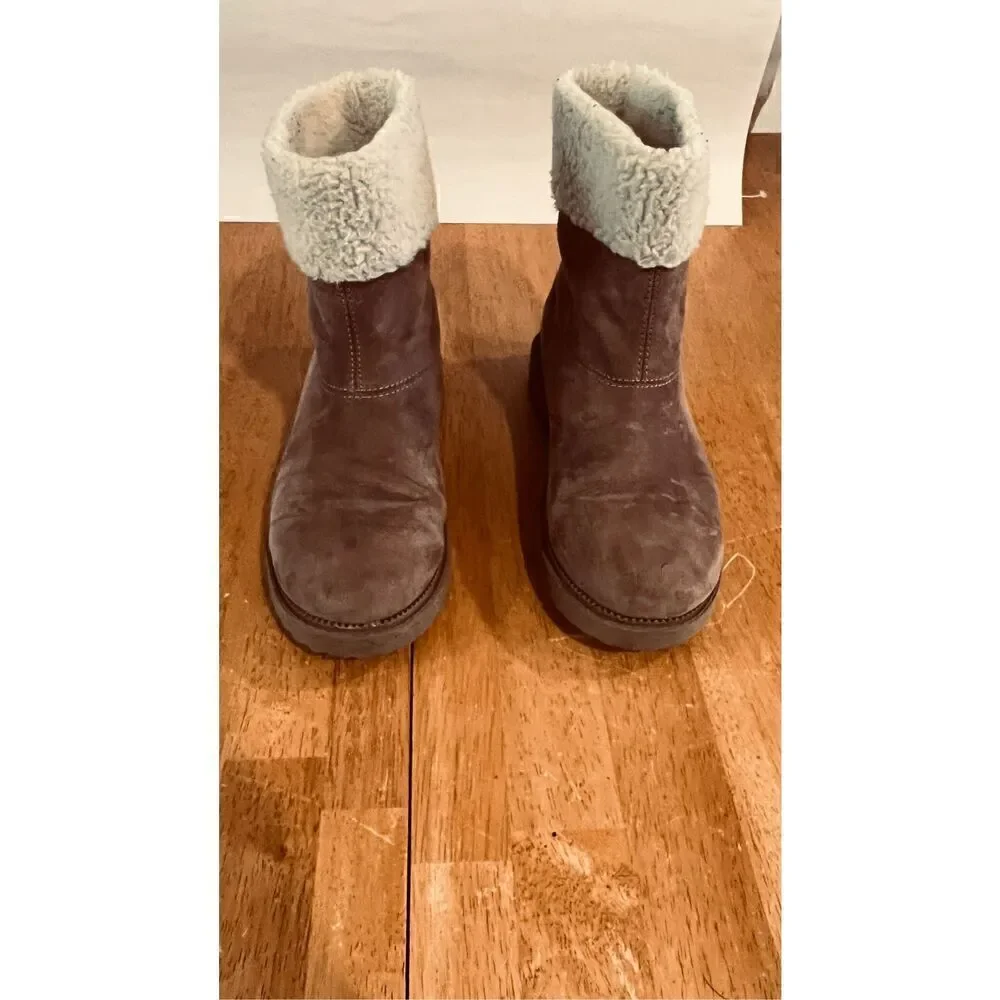 OLD NAVY BROWN SUEDE ANKLE BOOTS FAUX SHEARLING LINING GIRLS SZ 3